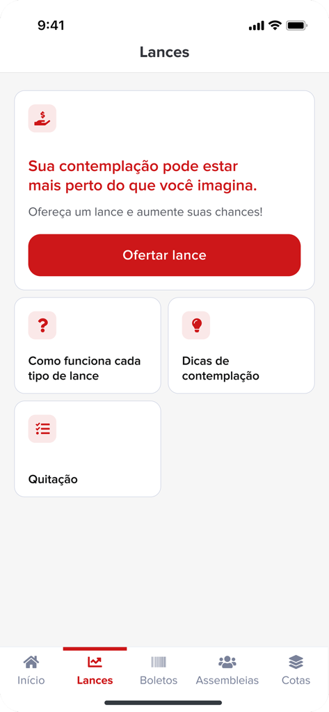 The lances screen of the HS Consórcios app showing options to offer bids and view tips for investment contemplation.