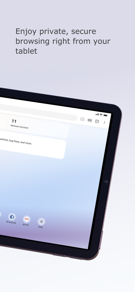 Interface do Norton Private Browser em um tablet mostrando estatísticas de bloqueio de malware e links de acesso rápido