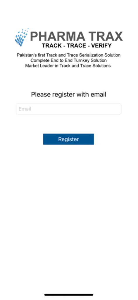 PHARMA TRAX SCANNER - Pharma Trax Scanner app registration screen with email input field and register button