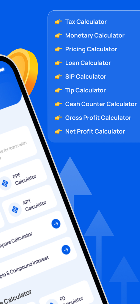 A list of financial calculators including tax loan and profit tools within the EMI Calculator app interface.