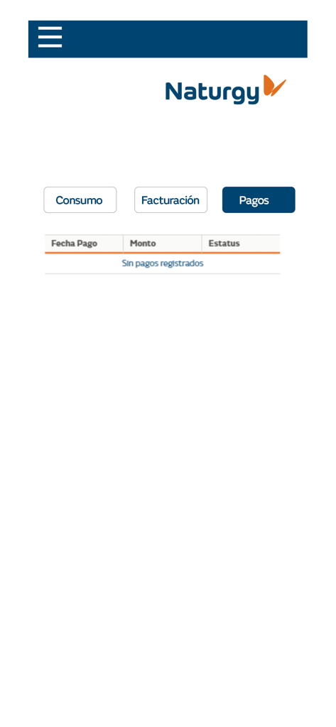 Screenshot of the Naturgy Contigo app showing the payments history screen with navigation tabs for consumption, billing, and payments