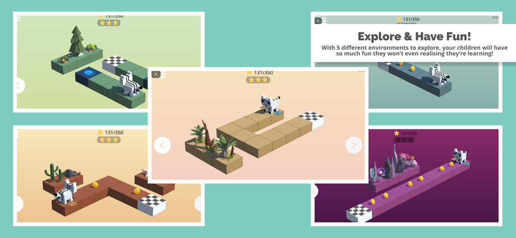 Rodocodo: Code Hour - Colagem de capturas de tela do jogo mostrando o mascote gato em diferentes níveis 3D do aplicativo de programação Rodocodo.