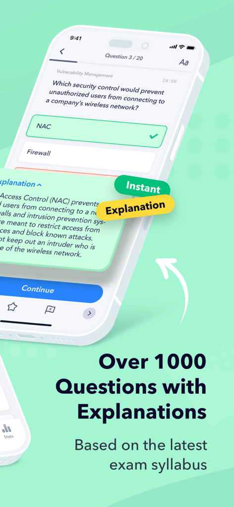 Smartphone screen displaying a CompTIA CySA+ practice question about Network Access Control with an instant explanation.