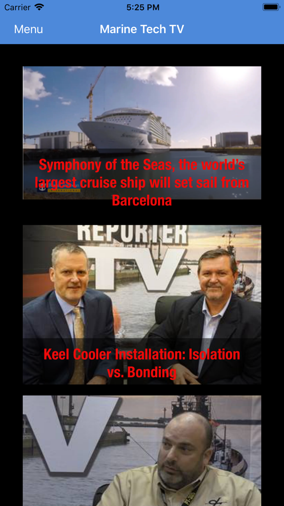 Maritime Global News - Marine Tech TV video section of the Maritime Global News app showing industry news