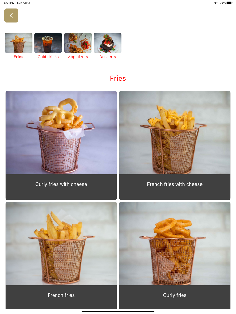 My Menu X - Digital menu interface on iPad displaying various fries options with high resolution food photography