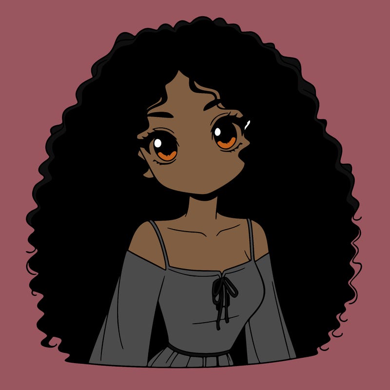 a black anime girl with long afro hair