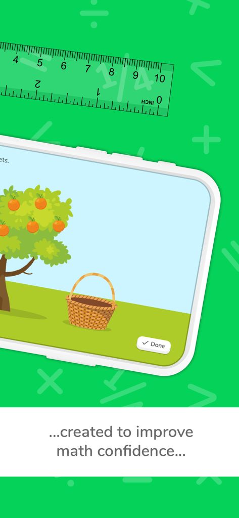 Captura de pantalla de la aplicación DoodleMath que presenta un juego interactivo de conteo con un árbol y una cesta naranjas para desarrollar la confianza en las matemáticas