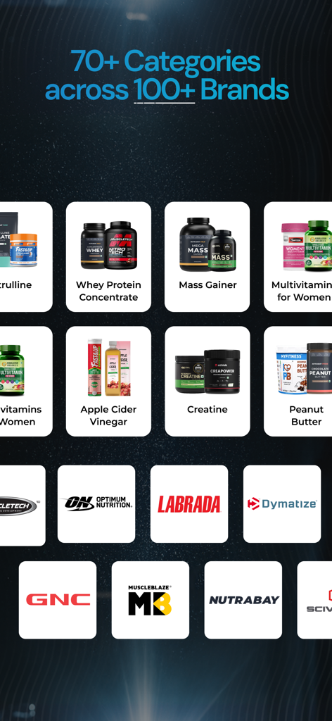 Nutrabay: Shop Supplements - Nutrabay app interface displaying over 70 supplement categories and 100 brands including Whey Protein Creatine and GNC logos