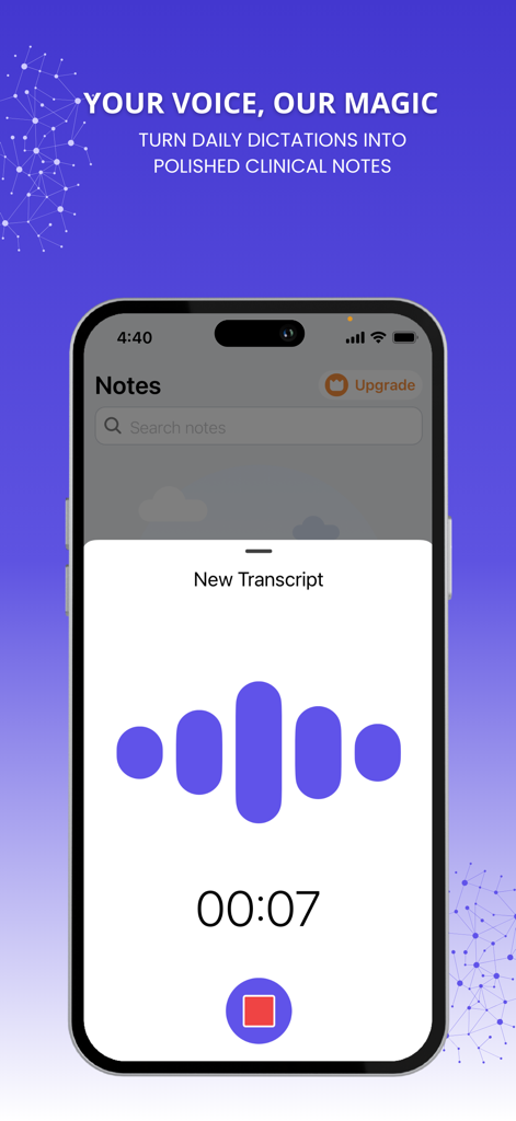 OrbVoice: Medical AI Scribe - Pantalla de la aplicación OrbVoice grabando una transcripción de voz para notas clínicas