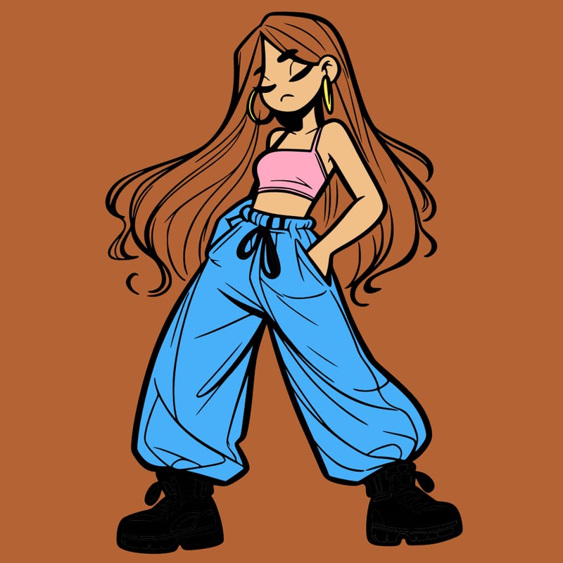 girl in baggy pants crop top and long hair