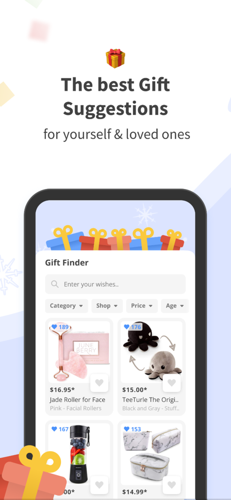Drawnames app interface showing the Gift Finder tool with various gift ideas and search filters