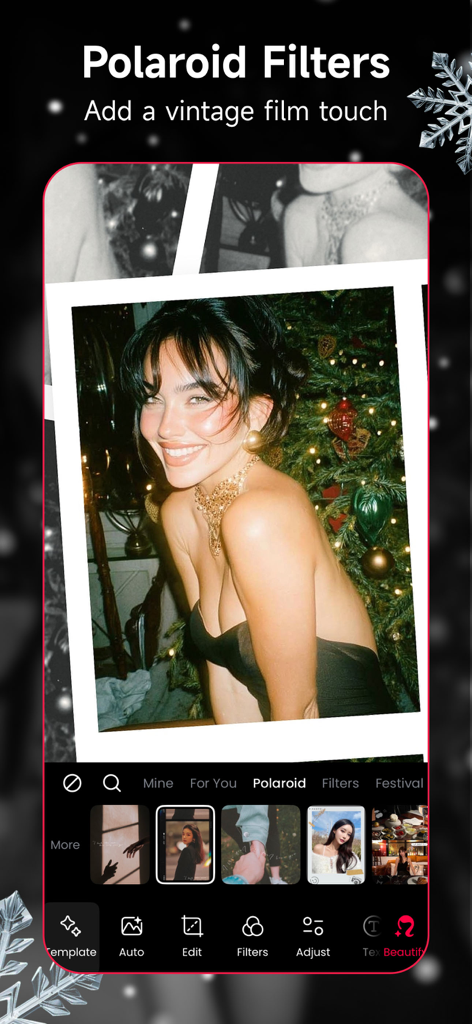 Interfaccia dell'app Meitu che mostra un filtro Polaroid vintage applicato a una foto ritratto