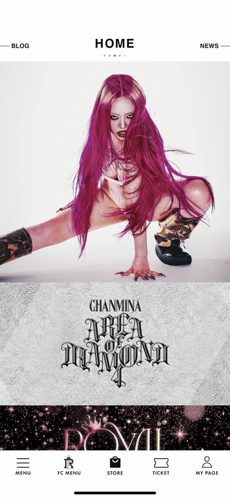The home screen of the CHANMINA official app featuring artist imagery and navigation for the fan club, store, and tickets.