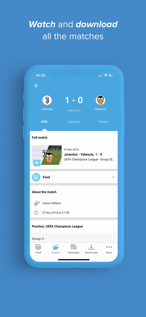 Wyscout mobile app showing professional soccer match information and video download options for coaches and scouts