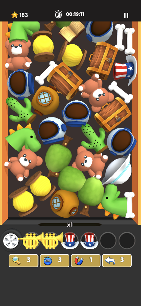 Match Triple Goods Falling - Gameplay screenshot of Match Triple Goods Falling showing 3D items like teddy bears and treasure chests in a sorting puzzle