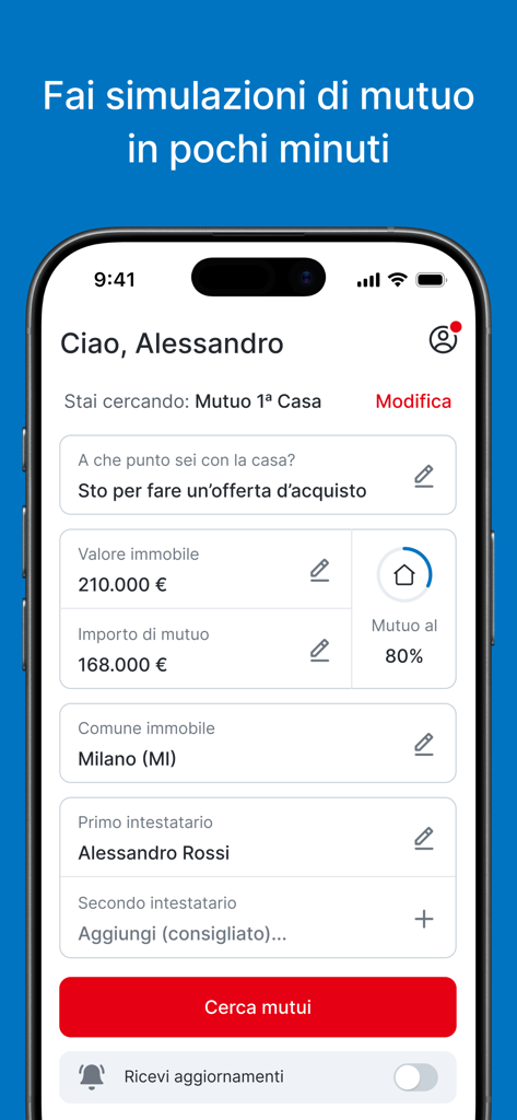 Immobiliare.it Mutui - Mortgage simulation screen on the Immobiliare.it Mutui app showing property and loan details for a house in Milan.