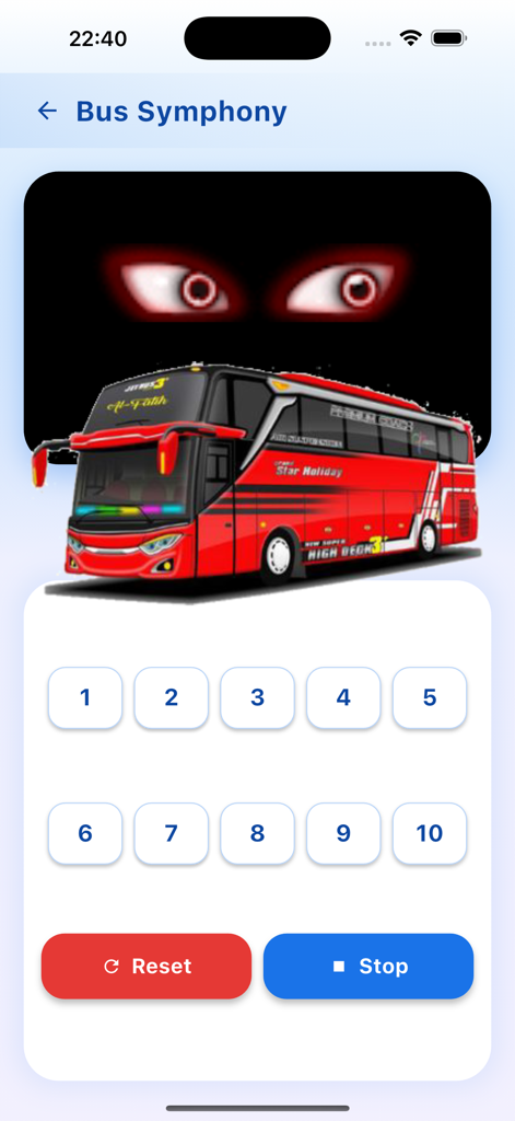 Benutzeroberfläche der Bus Symphony App, die einen roten Bus und Soundboard-Schaltflächen zeigt