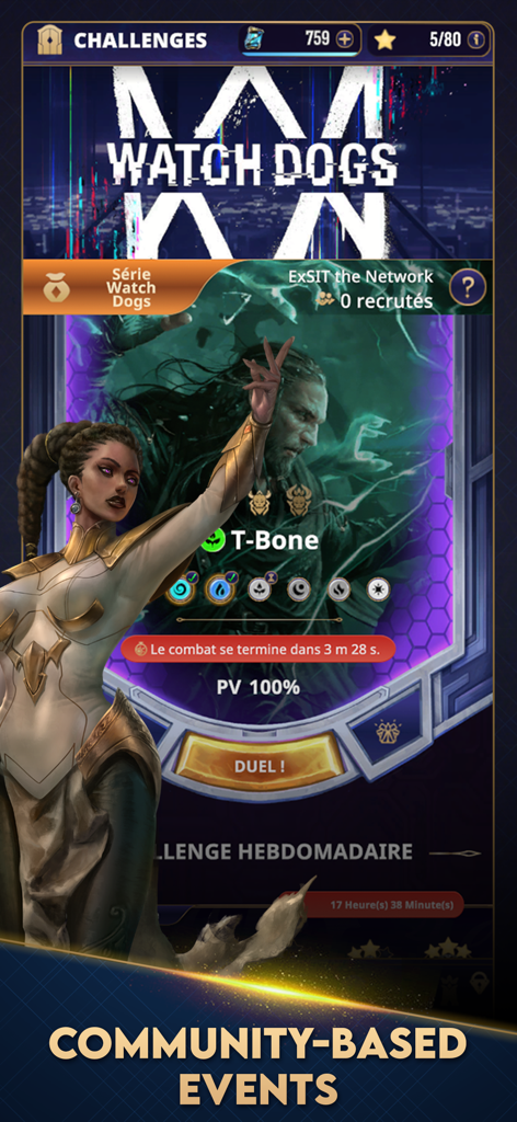 Cross The Ages: TCG - Cross The Ages TCG mobile game screenshot showing a community-based event featuring a Watch Dogs collaboration with character T-Bone and a duel button.