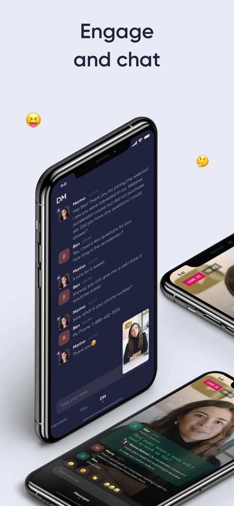 Interface of the Webby App showing a live webinar chat and direct messaging screen on an iPhone