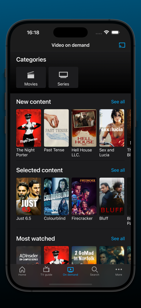 Rapido TV - Interface do aplicativo móvel Rapido TV mostrando categorias de vídeo sob demanda para filmes e séries com uma galeria de títulos em destaque