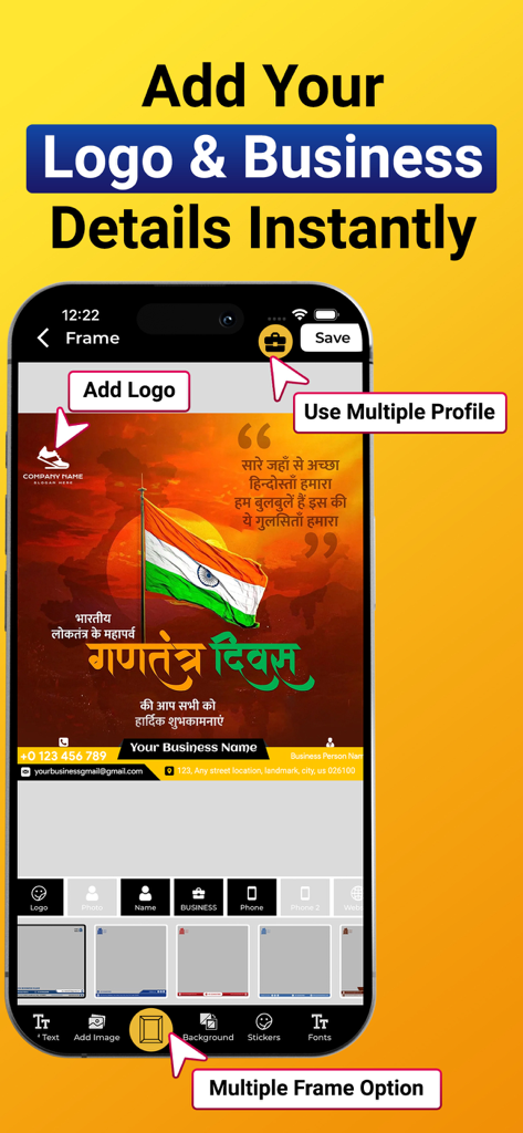 Interface of a festival poster maker app showing how to add business logos and contact details to an Indian Republic Day poster