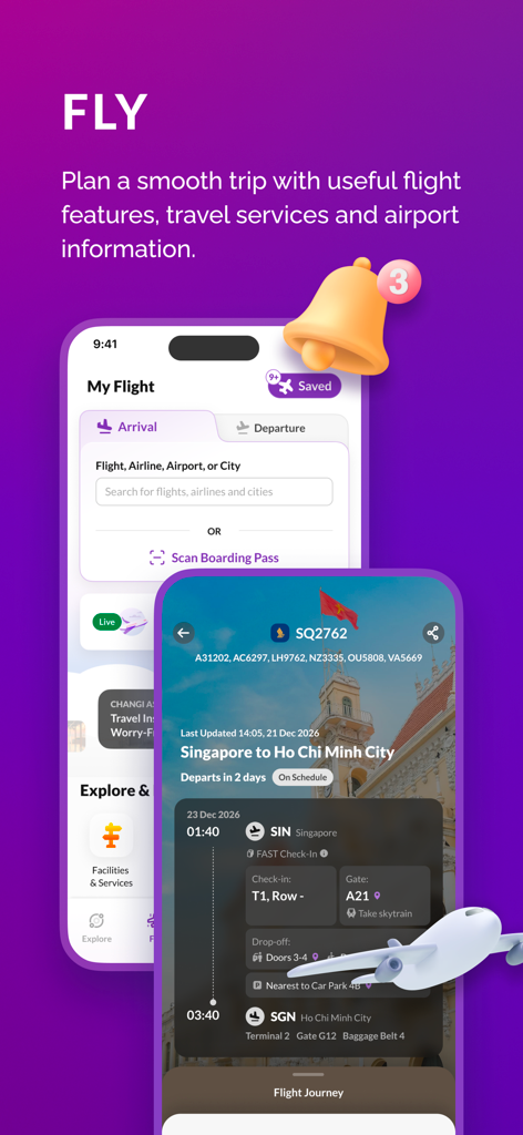 Changi App - Pantalla móvil de la App Changi que muestra información de llegada y salida del seguimiento de vuelos con notificaciones en tiempo real