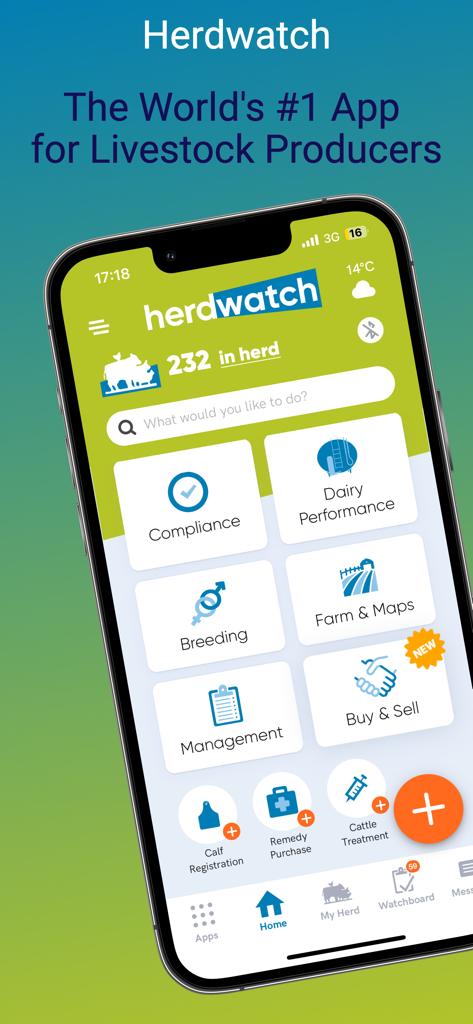 Herdwatch mobile app interface showing various livestock management modules like breeding and compliance