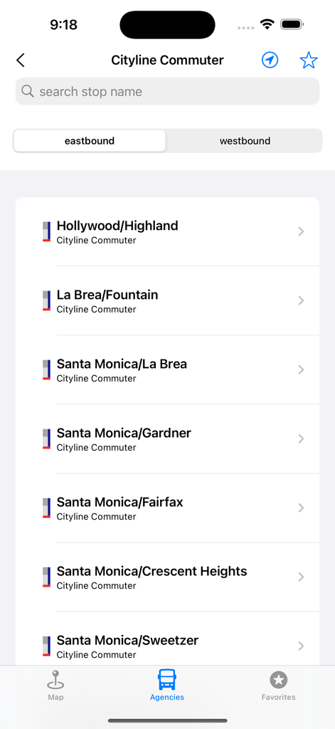Tela do aplicativo TrackMyBus exibindo uma lista de paradas de ônibus no sentido leste para a agência Cityline Commuter.