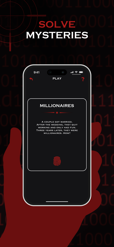 Écran de l'application Case Files montrant une énigme mystère sur des millionnaires