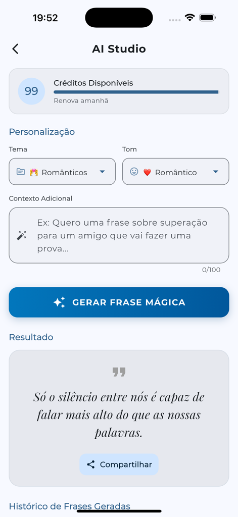 Frases Status + IA - Frases StatusアプリのAI Studioのスクリーンショット、テーマとトーンをカスタマイズするオプションが表示された生成されたロマンチックなフレーズを表示