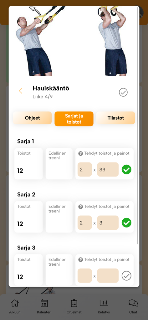 Finnish workout tracking screen in the Fressi app showing bicep curl exercise with sets and reps