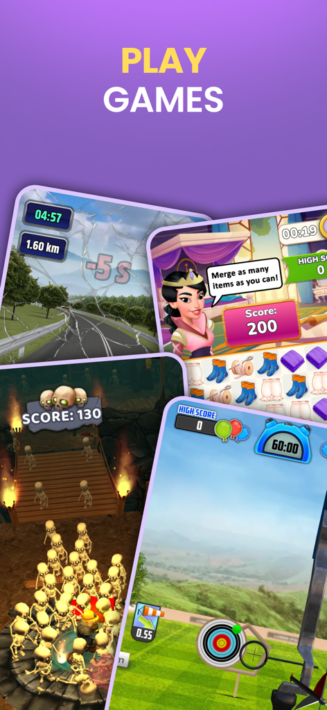 Mobile Esports: Win Prizes - A collage showing various mini games including racing, merging, and combat available on the Mobile Esports app.