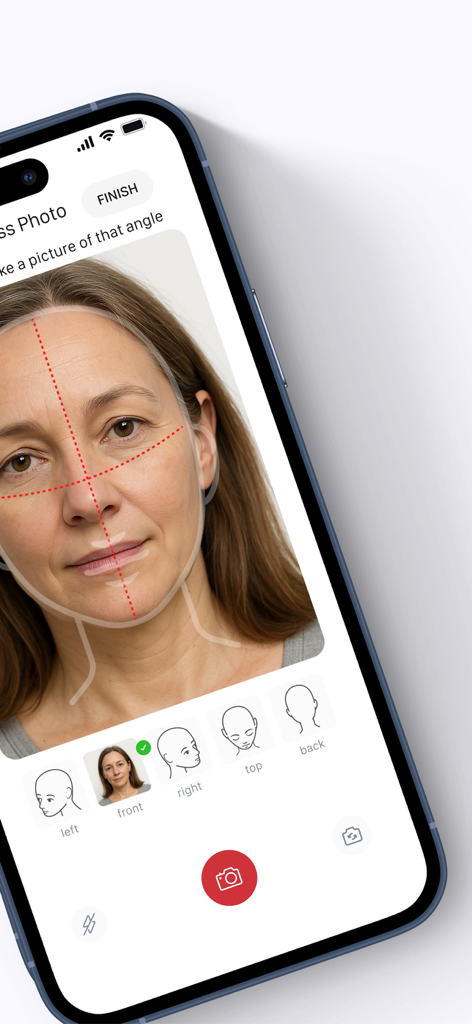 HairTRACK app interface showing a face alignment guide for taking a hair progress photo.