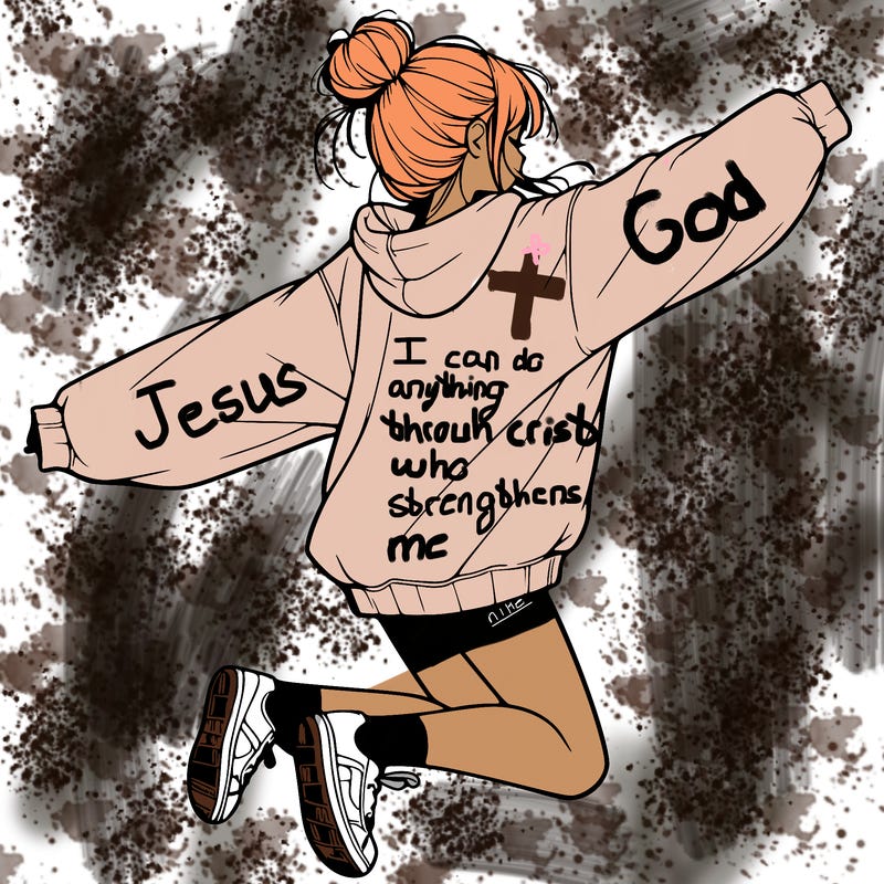 realistic girl jumping with a bun and oversized sweatshirt