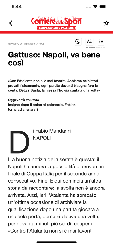 Corriere dello Sport HD - Captura de tela do aplicativo móvel de um artigo esportivo italiano do Corriere dello Sport HD com uma manchete sobre Gattuso e o Napoli