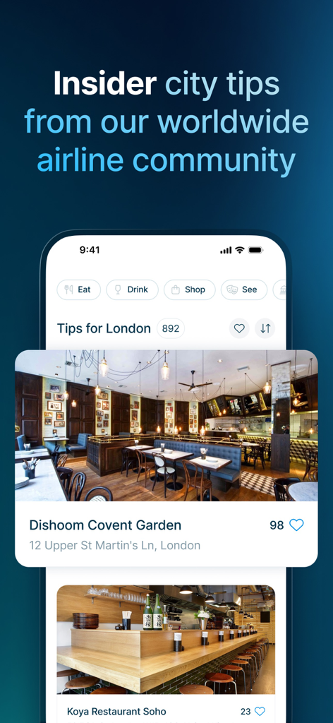 Pantalla de la aplicación StaffTraveler que muestra consejos locales de la ciudad y recomendaciones de restaurantes para Londres de la comunidad de aerolíneas.