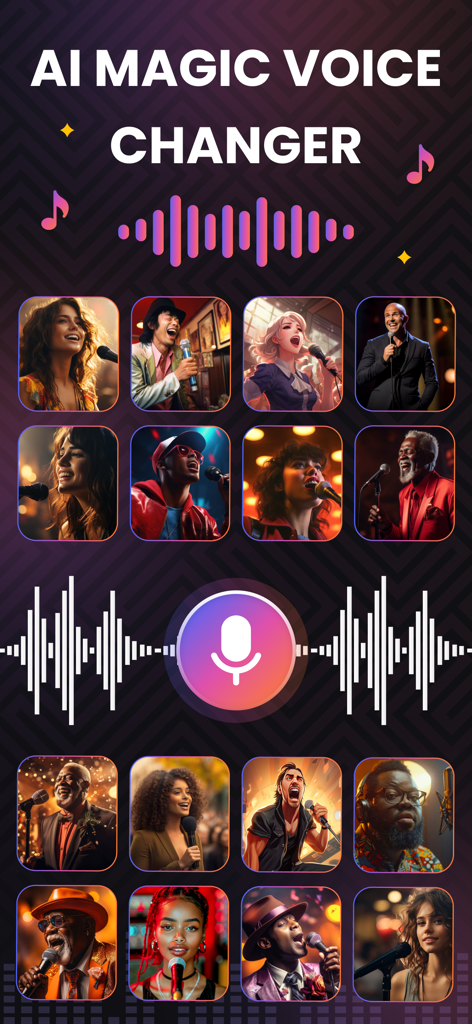 AI Magic Voice Changer - AI Magic Voice Changer mobile app interface showing various character voice profiles and a microphone recording button with audio waveforms.