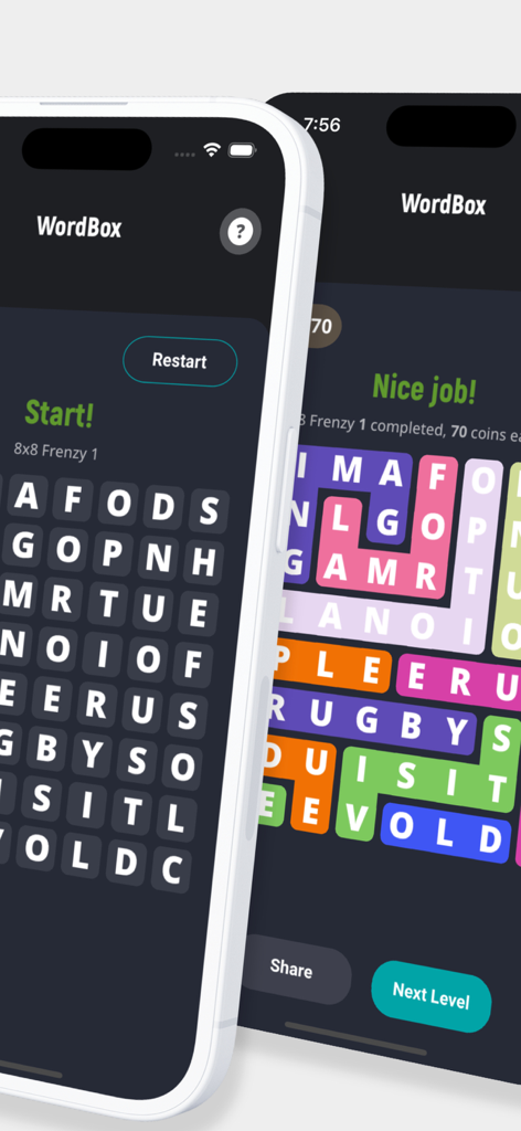 Strands WordBox Word Search - Two mobile phones showing the Strands WordBox word search game interface with a blank letter grid and a completed colorful puzzle.