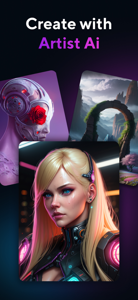 Artist AIアプリのサイバーパンクポートレートやファンタジー風景など、さまざまなAI生成アートスタイルの表示