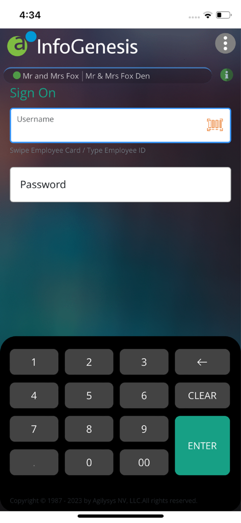 InfoGenesis POS Terminal sign on screen showing username and password entry fields with a numeric keypad