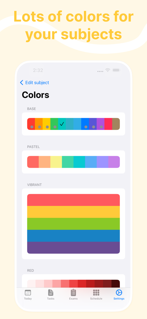 InClass - School Planner - Interface of the InClass school planner app showing various color palette options for personalizing school subjects