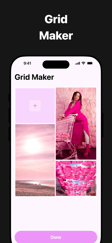 Reports: My Followers Tracker - Grid Maker interface showing a pink aesthetic photo layout for social media curation