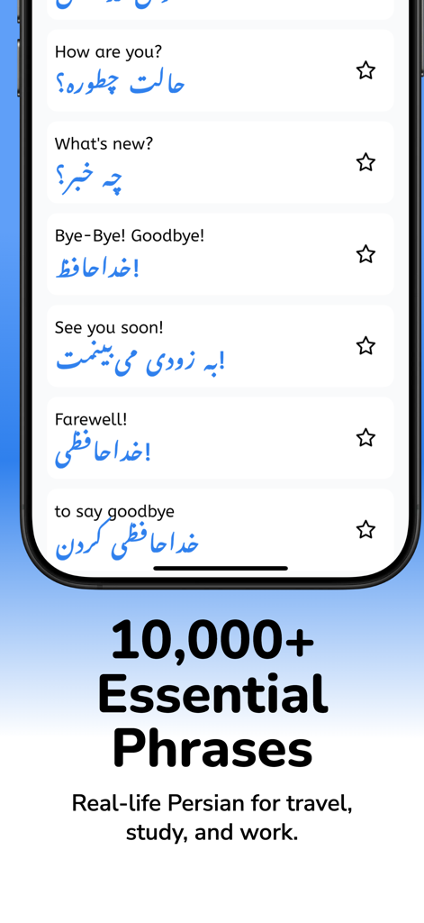 Interface do aplicativo Aprenda Persa mostrando saudações e frases essenciais para iniciantes.