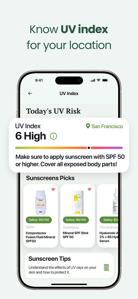 OnSkin app interface showing high UV index risk in San Francisco with recommended sunscreen products and safety scores.