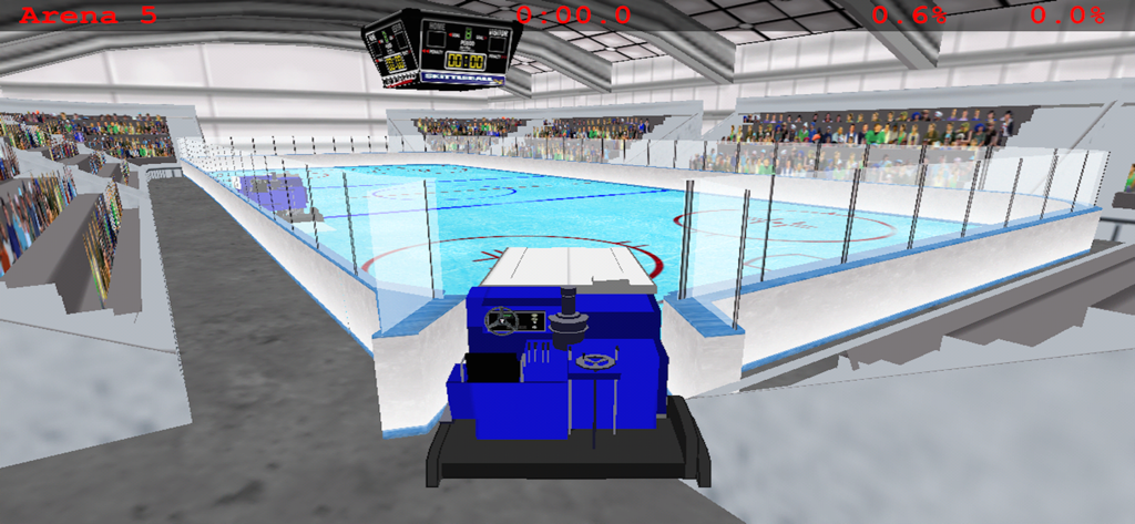 A blue Zamboni machine resurfacing the ice in a crowded hockey arena during gameplay.