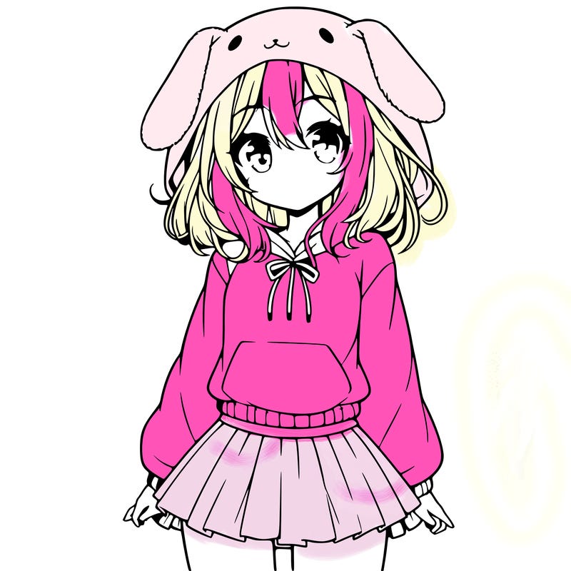 pretty anime girl wearing a fluffy hoodie with bunny ears on the hood and a skirt