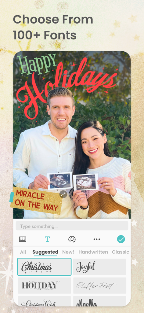 PicCollage app screenshot showing custom font selection for a holiday pregnancy announcement card