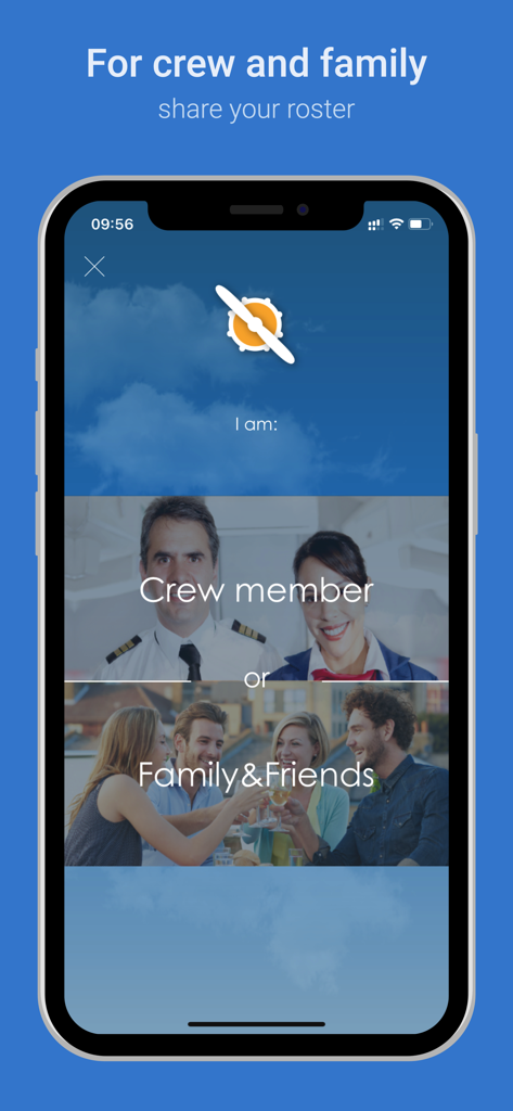 FollowMe - Share your roster - FollowMe app screen showing selection options for Crew member or Family and Friends to share rosters