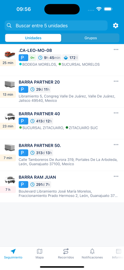 Ontrack Systems Ghost - Ontrack Systems Ghost app screen showing a list of tracked vehicles and trailers