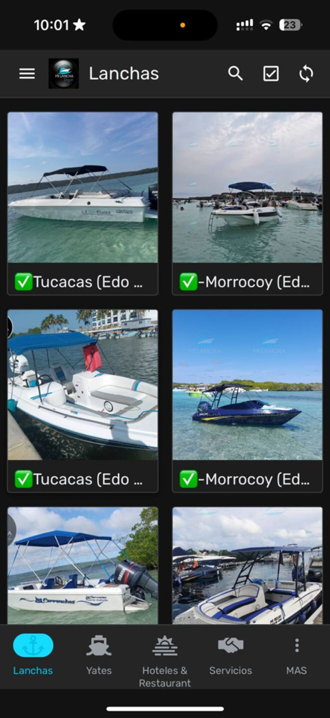 MIlanchaV - Mobile app screen showing various boat rental listings with photos and locations in the MIlanchaV app